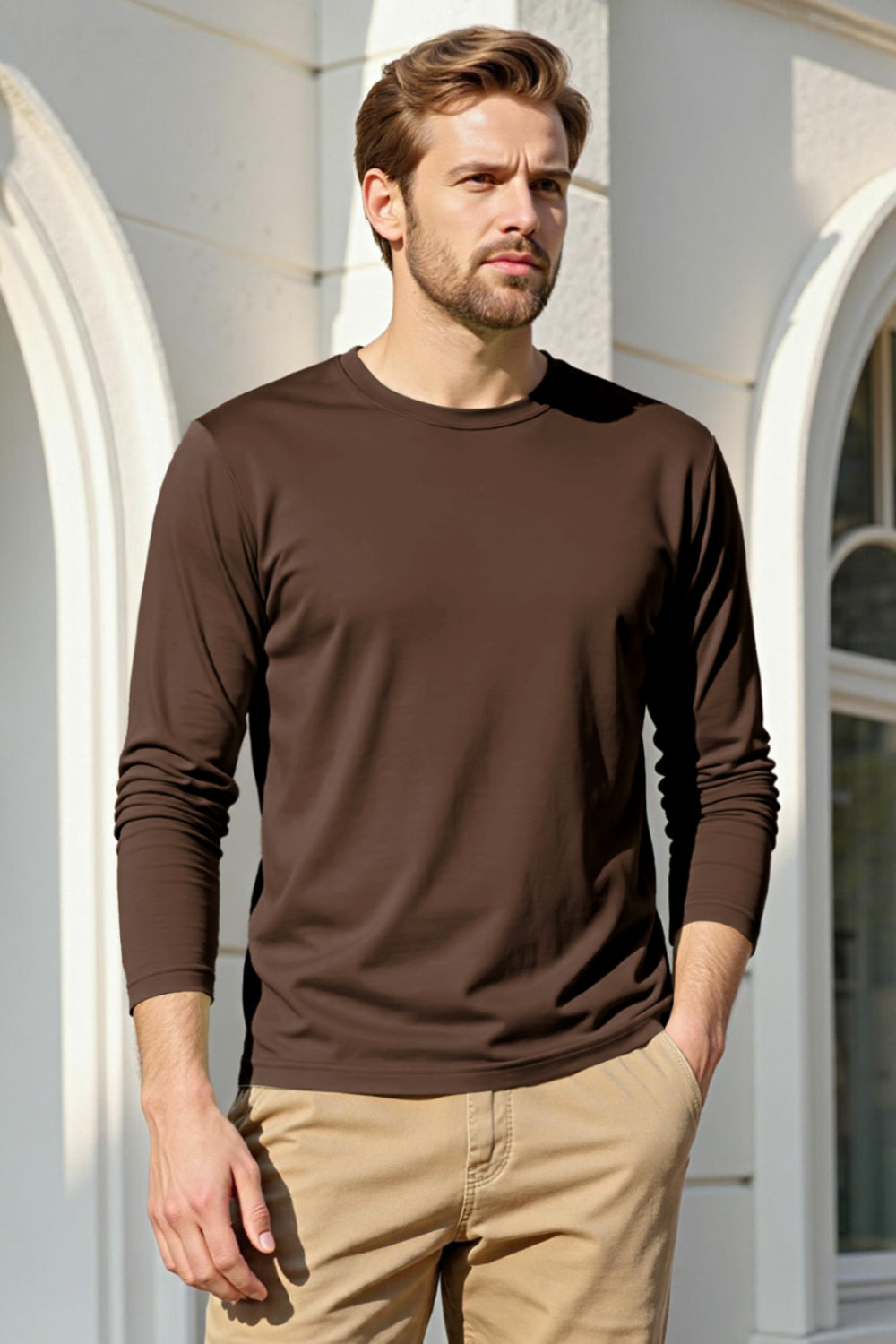 Men's Mercerized Cotton Long Sleeves T-Shirt - Brown