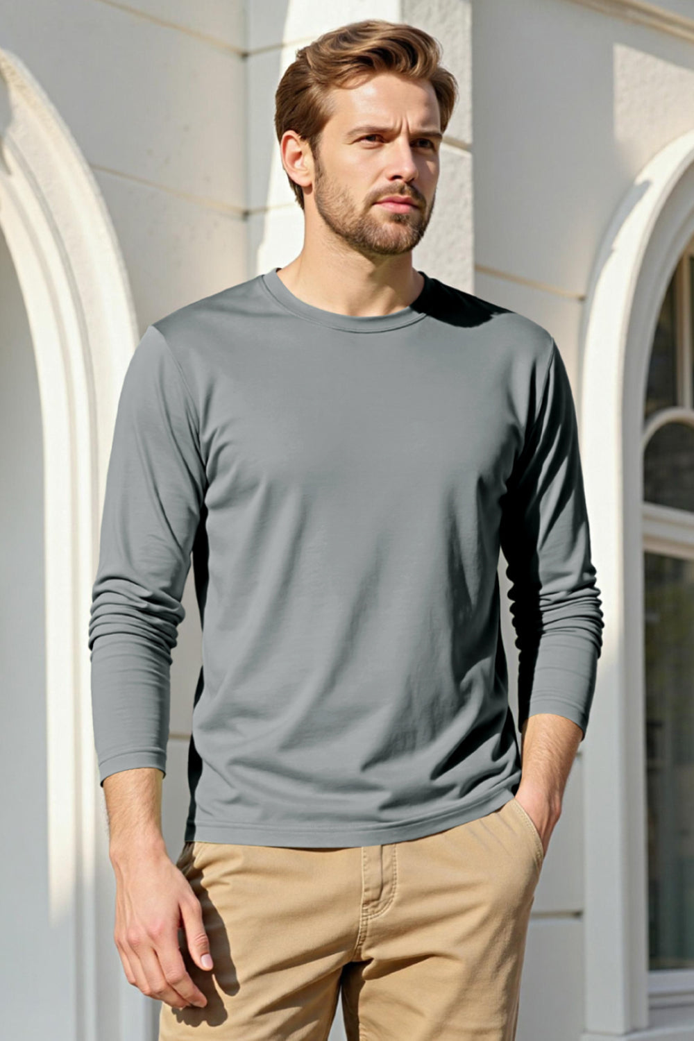 Men's Mercerized Cotton Long Sleeves T-Shirt - Grey