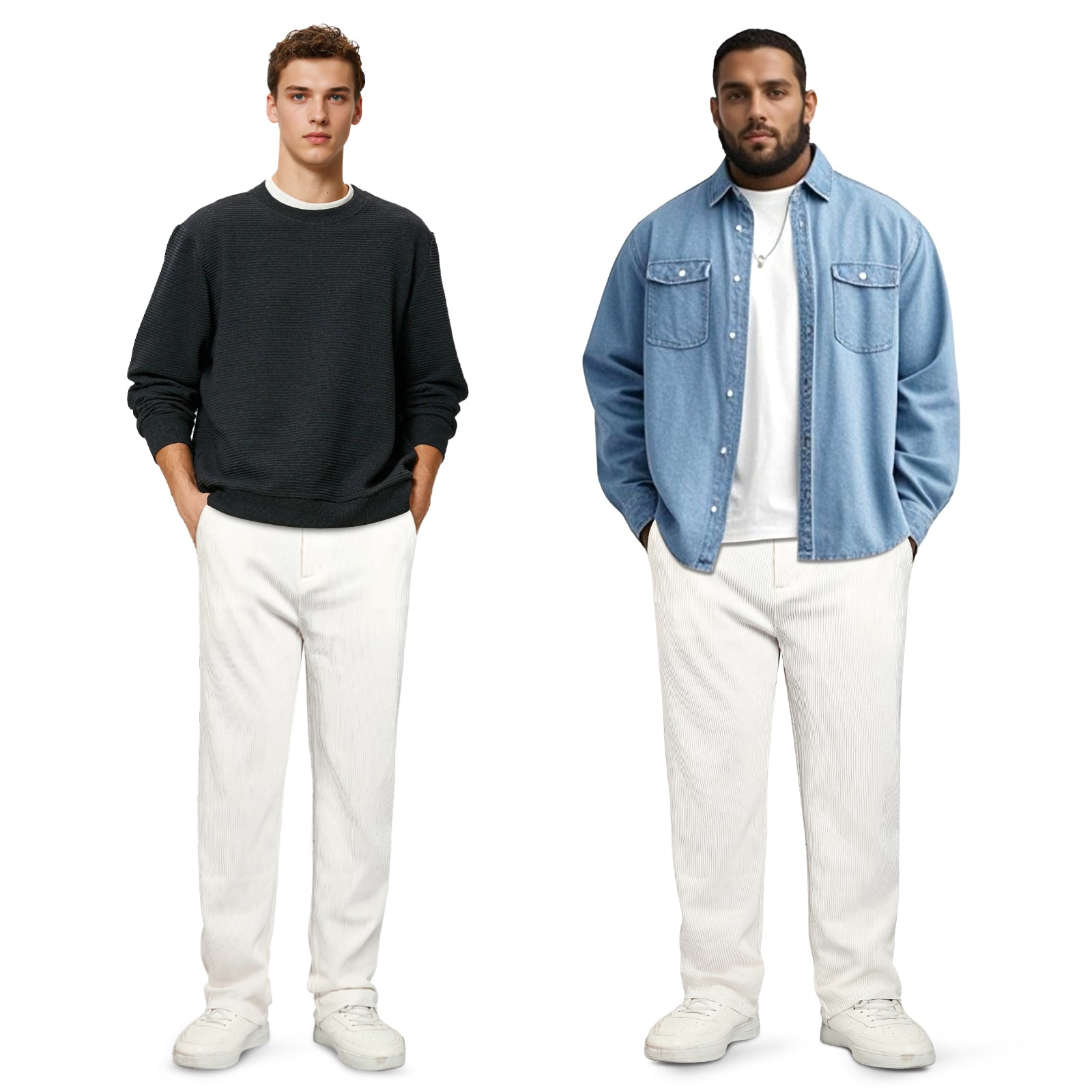Mens  Casual Ribbed Fabric Pant - White