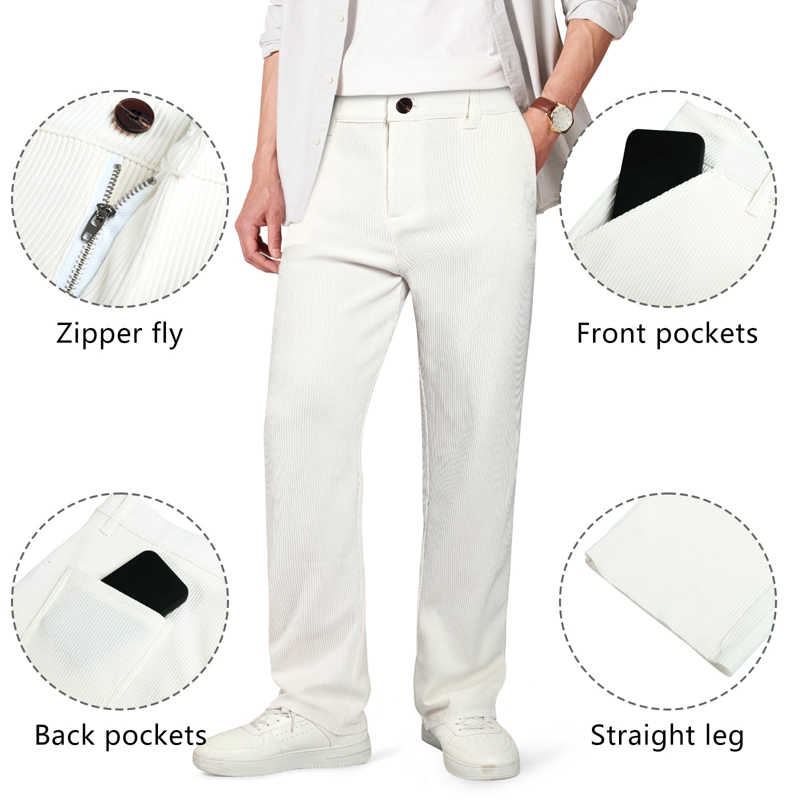 Mens  Casual Ribbed Fabric Pant - White