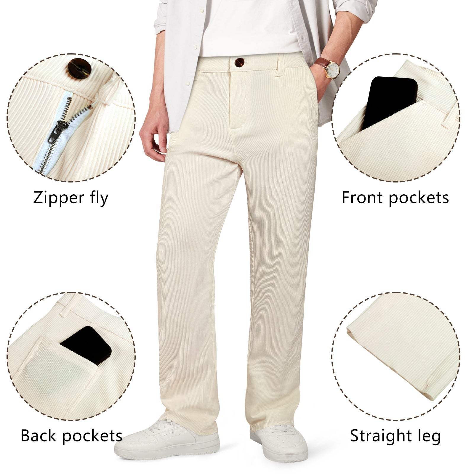 Mens  Casual Ribbed Fabric Pant - Beige