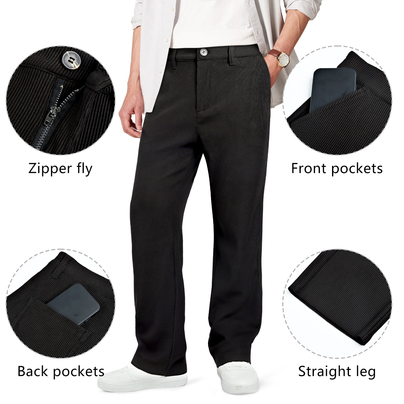 Mens  Casual Ribbed Fabric Pant - Black