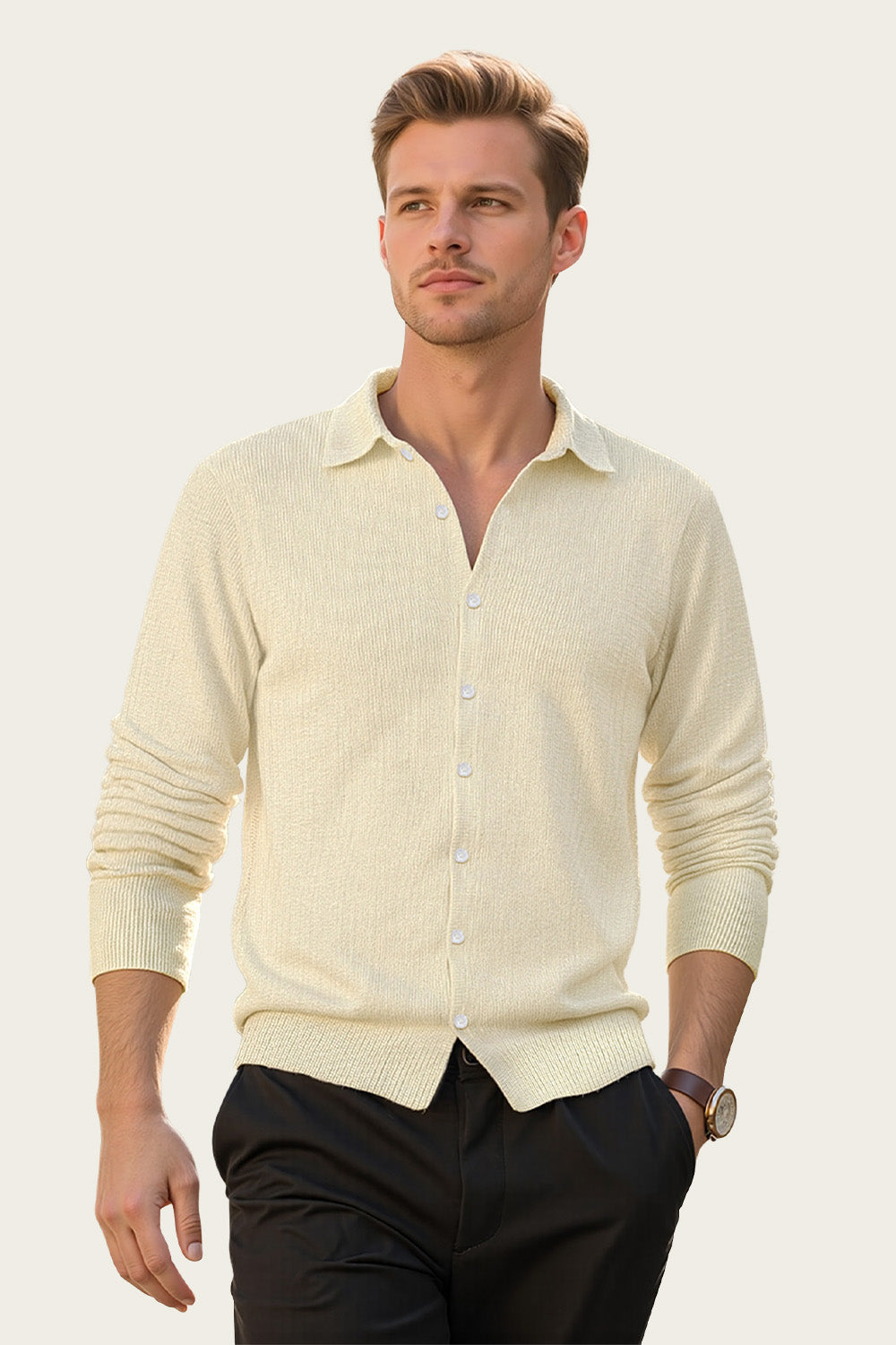 Men's Khaki Slim Fit Polo Shirt - Button
