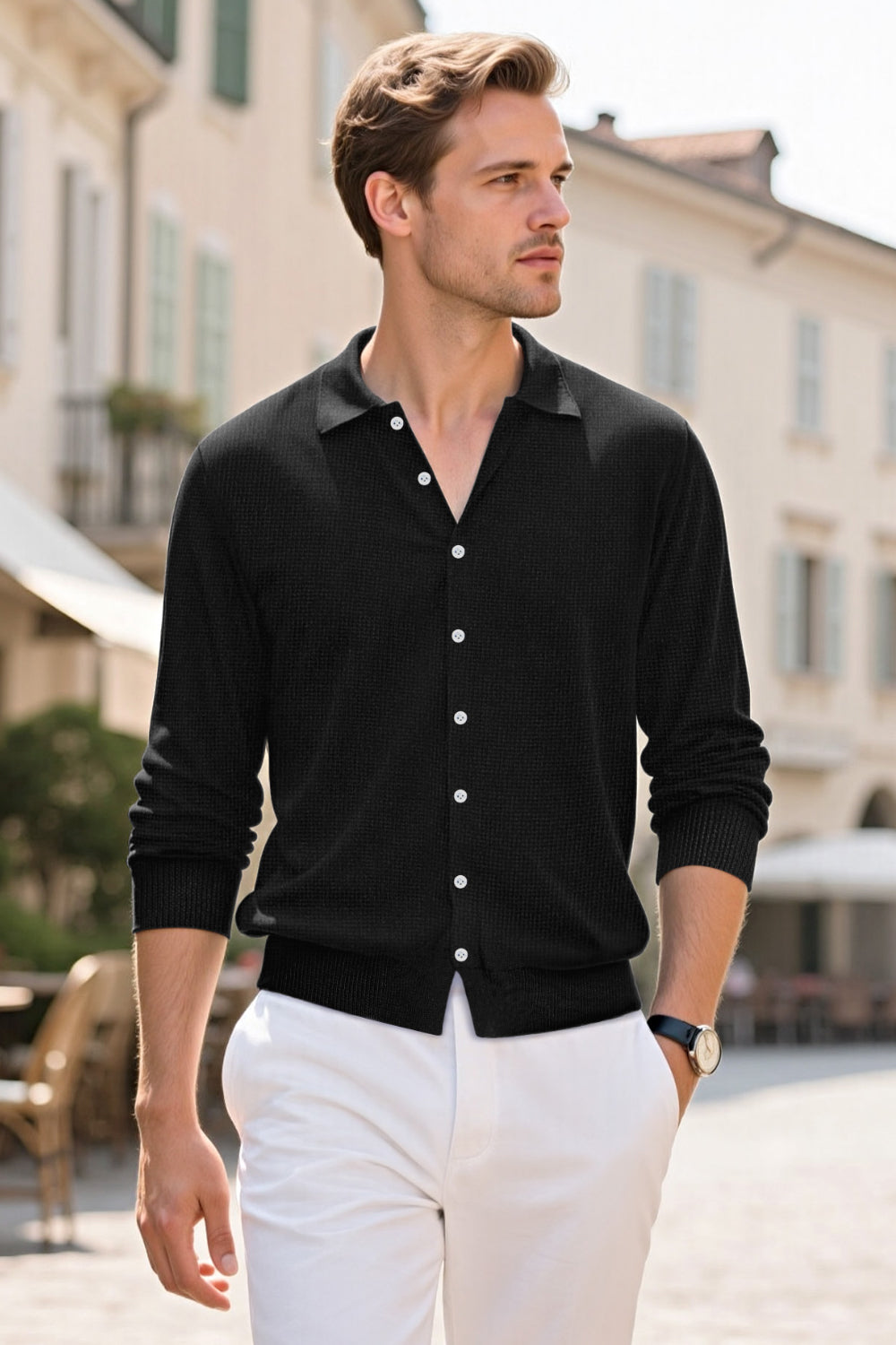 Men's Black Slim Fit Polo Shirt - Button
