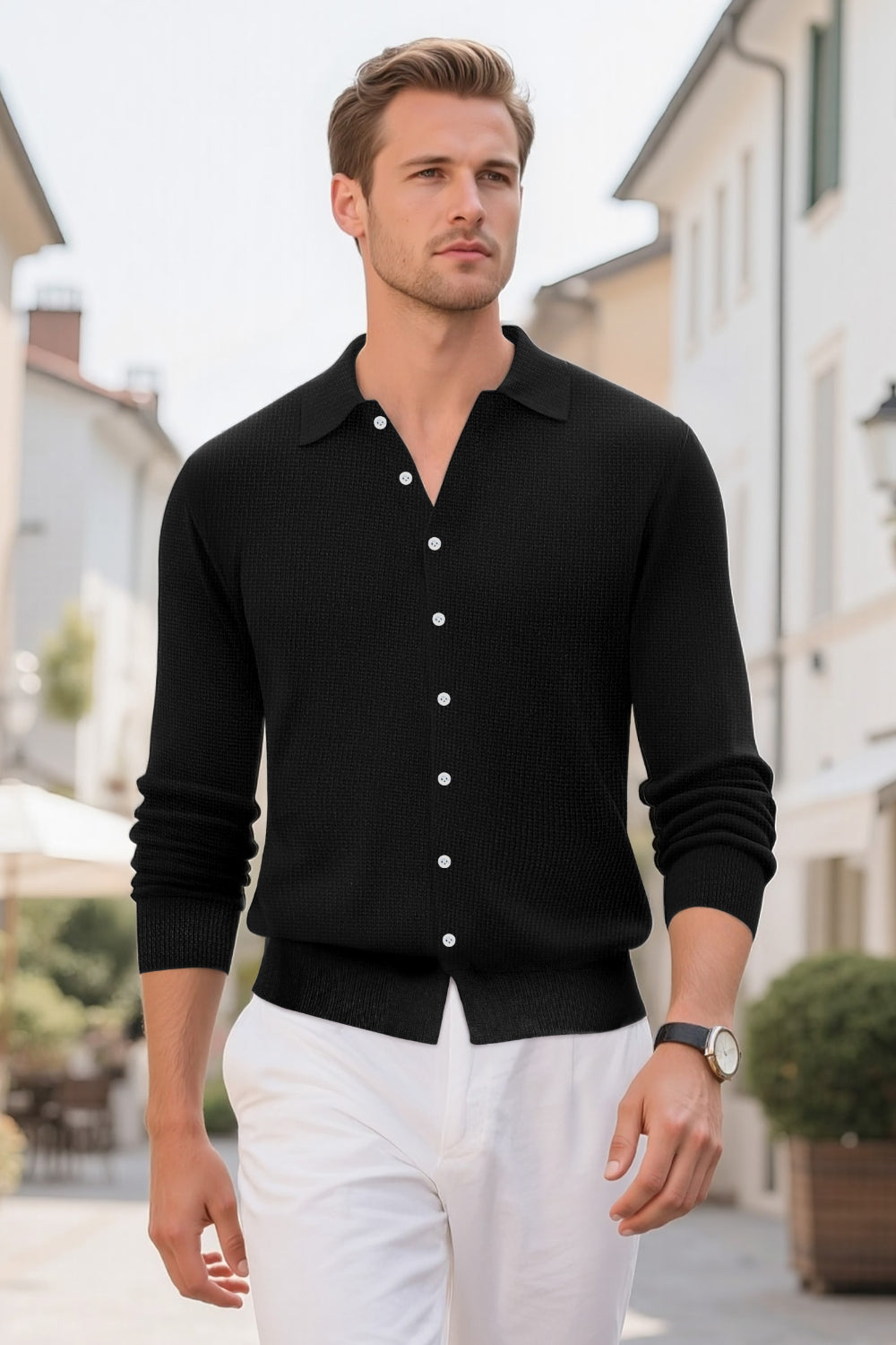 Men's Black Slim Fit Polo Shirt - Button