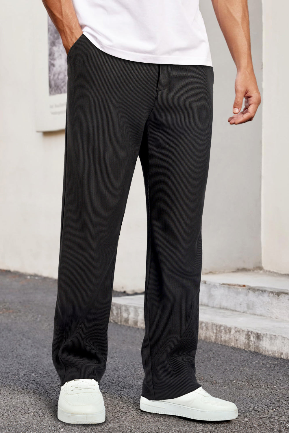 Mens  Casual Ribbed Fabric Pant - Black
