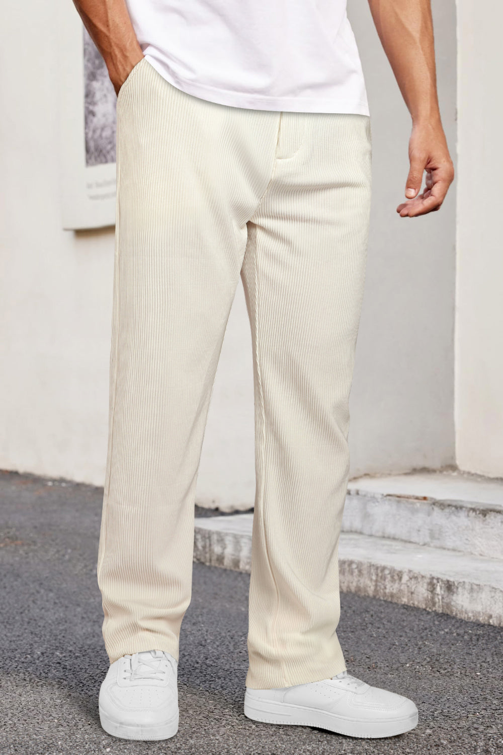 Mens  Casual Ribbed Fabric Pant - Beige