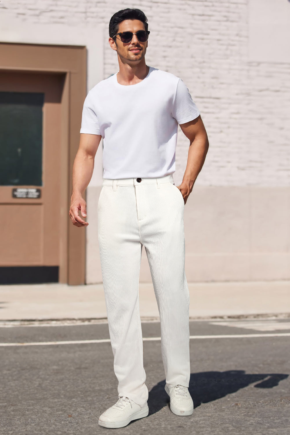 Mens  Casual Ribbed Fabric Pant - White