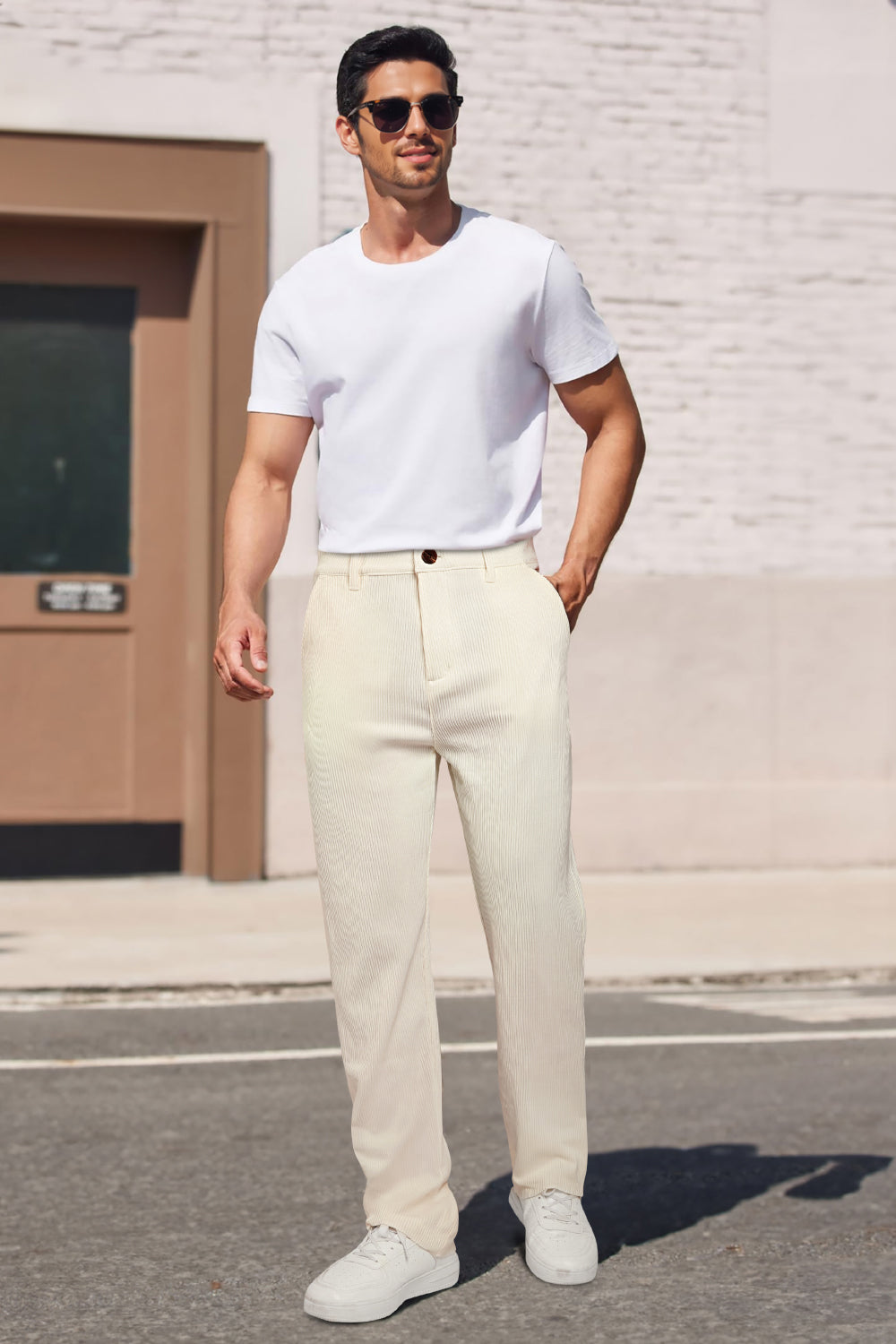 Mens  Casual Ribbed Fabric Pant - Beige